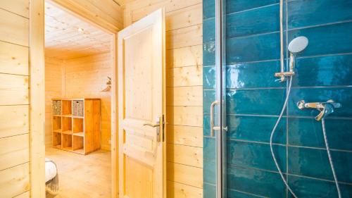 a bathroom with a shower with a blue wall at Le Ciste - Chalet - BO Immobilier in La Chapelle-dʼAbondance