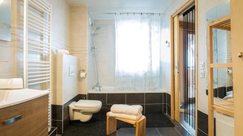 une salle de bain avec toilettes, lavabo et douche dans l'établissement Le Bellevue - Apt - BO Immobilier - Châtel, à Châtel