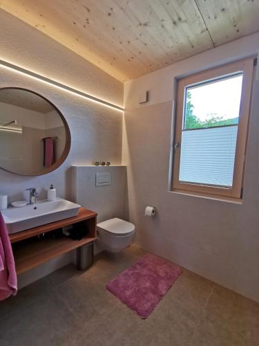 a bathroom with a sink and a toilet and a mirror at Haus am Salz mit Sauna in Bad Ischl
