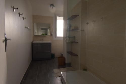 een badkamer met een douche, een bad en een wastafel bij chanteraine 2 in Reims