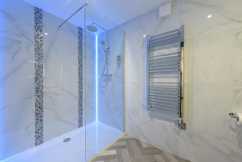 La salle de bains est pourvue d'une douche avec une porte en verre. dans l'établissement The Stanley Hotel, à Boston