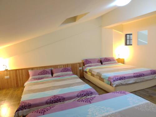 花蓮市にある日光森林親子民宿の紫のシーツが備わる客室内のベッド2台
