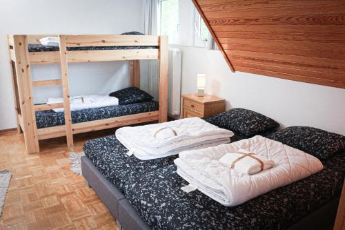 ヴィンターベルクにあるBergzauber Winterbergの二段ベッド2台、ベッドバイザーが備わる客室です。