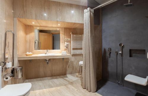 a bathroom with a shower and a toilet and a sink at Hotel Europa in Madrid