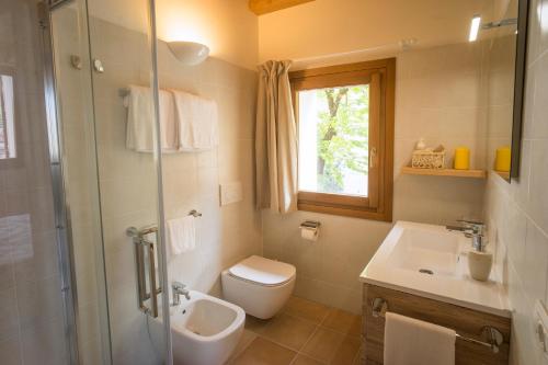 La salle de bains est pourvue de toilettes, d'un lavabo et d'une douche. dans l'établissement Agriturismo Il Follo, à Valdobbiadene