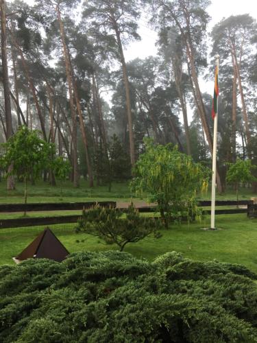 a park with trees and a flag and bushes at Kulautuva Rest Home Large Space in Kulautuva