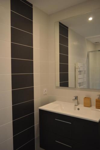 La salle de bains est pourvue d'un lavabo et d'un miroir. dans l'établissement Villa Uhaïna Hossegor, à Hossegor