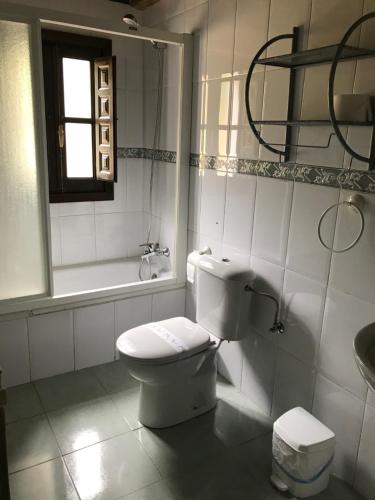 a bathroom with a toilet and a sink and a window at LA CASONA DE PALMIRA in Caín