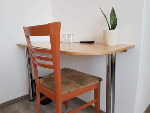 une table en bois avec une chaise et une plante dans l'établissement Mátyás Panzió, à Szeged