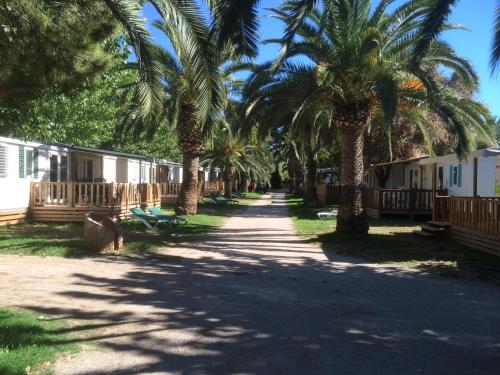 a street with palm trees in front of houses at Mobile Homes by KelAir at Playa Montroig Camping Resort in Tarragona