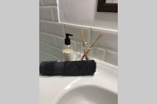 a bathroom sink with a bottle of soap and tooth brushes at Traditional Stone House in Eastern Mani in Flomokhórion