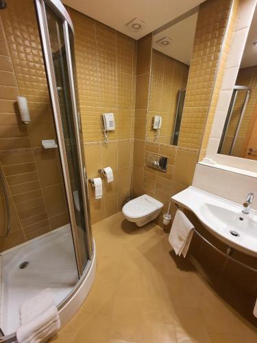a bathroom with a toilet and a sink and a shower at Hotel Sunny Hill in Cluj-Napoca