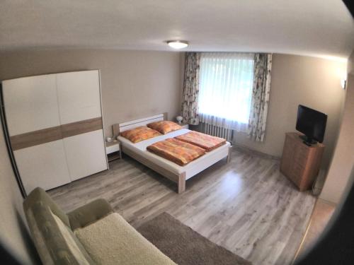 um quarto com uma cama, uma televisão e um sofá em U Andrzeja em Karpacz