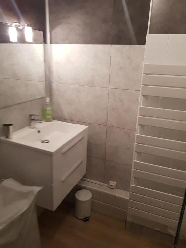 La salle de bains est pourvue d'un lavabo blanc et d'une étagère. dans l'établissement Appartement sur le port du Crotoy vue Baie de Somme, au Crotoy