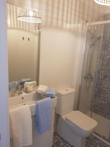 W łazience znajduje się umywalka, toaleta i prysznic. w obiekcie APT 6 - Apartamento en la playa de El Palo w Maladze