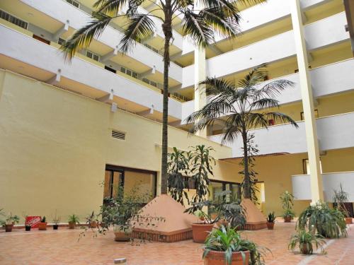 a large building with palm trees in a courtyard at JSM Apartamentos in Benalmádena