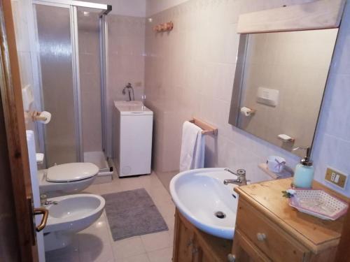 La salle de bains est pourvue de 2 lavabos, d'une douche et d'un miroir. dans l'établissement Appartamenti nonna Carmen, à Sappada
