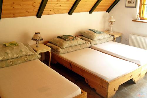 two beds in a room with two lamps on tables at Cichy Dwór in Manowo