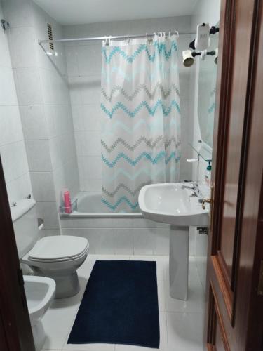 ein Badezimmer mit einem WC, einem Waschbecken und einem Duschvorhang in der Unterkunft Apartamento Julia in Vilagarcia de Arousa