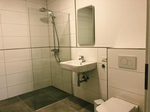 ein Badezimmer mit einem Waschbecken, einem WC und einem Spiegel in der Unterkunft Aurora Schaar 3 in Wilhelmshaven