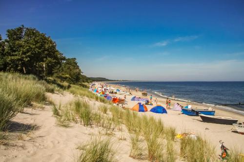 a beach with a bunch of people and umbrellas at Ferienwohnung Sonnenblick mit 3 Zimmer und Balkon in Zempin
