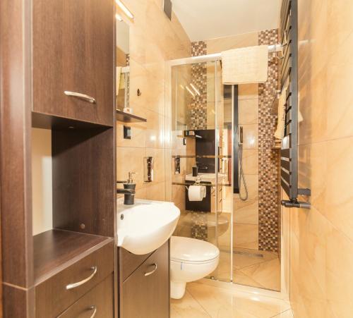 a bathroom with a sink and a toilet and a shower at Apartament Kapitański in Hel