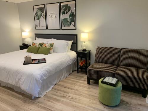 1 dormitorio con 1 cama, 1 sofá y 1 silla en Zen Oasis, en Tampa