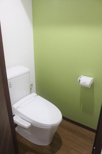 a bathroom with a white toilet in a green wall at Hotel Miyakojima in Miyako Island