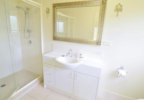 a bathroom with a sink and a shower and a mirror at Apple Tree Cottage Montville in Montville