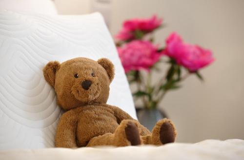 a teddy bear sitting on a pillow next to flowers at Bonviván Apartments in Vysoké Mýto