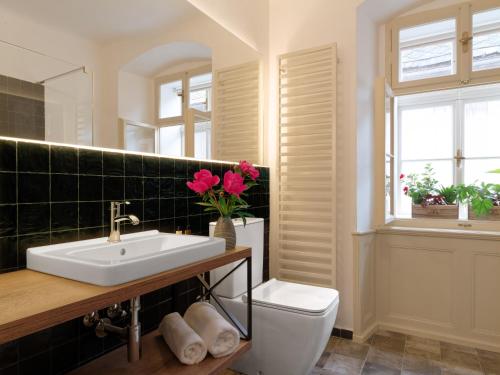 a bathroom with a sink and a toilet and a mirror at Bonviván Apartments in Vysoké Mýto