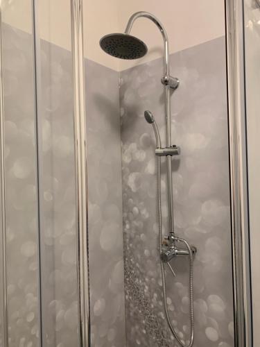 d'une douche avec une porte en verre et un pommeau de douche. dans l'établissement L'Appartement de la Maison du Théatre Saint Bonnet, à Bourges
