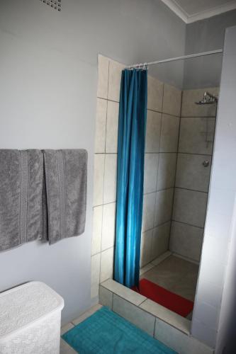 a bathroom with a shower with a blue shower curtain at Eagle's Nest in Barberton