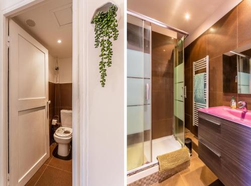 La salle de bains est pourvue de toilettes et d'un lavabo rose. dans l'établissement Maison Bianchi - Saint Siagre, à Nice