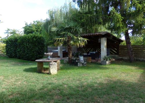 uma mesa de piquenique num quintal com uma árvore em Chambres d'hotes du Domaine Capiet em Courpiac