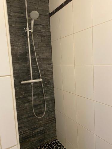 a shower in a bathroom with a tile wall at Hotel Colbert in Tours
