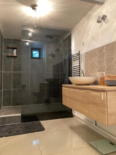 een badkamer met een wastafel en een douche bij Villa Nymphea in Saint-Pierre-dʼAutils