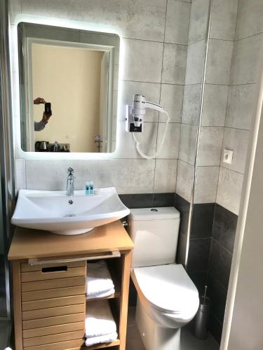 a bathroom with a sink and a toilet and a mirror at Residence Hoche in Le Pré-Saint-Gervais
