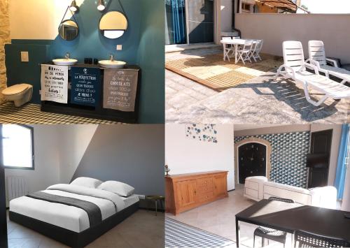 a collage of pictures of a room with a bed and a table at Enfin Arrivés ! in LʼIsle-sur-la-Sorgue