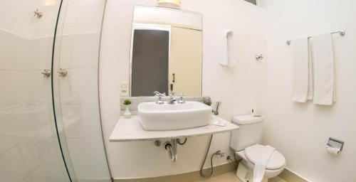 a bathroom with a sink and a shower and a toilet at Antico Plaza Hotel in Taubaté