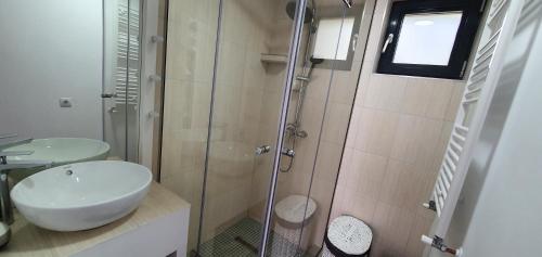 La salle de bains est pourvue de toilettes, d'un lavabo et d'une douche. dans l'établissement Modern rooms Colibita, à Colibiţa