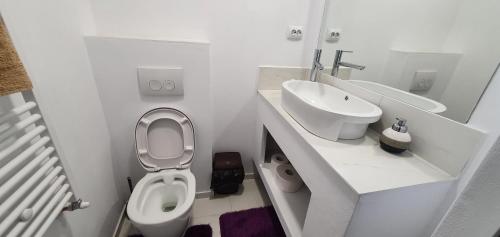 a white bathroom with a toilet and a sink at Casa Gabriela - langa lac in Colibiţa