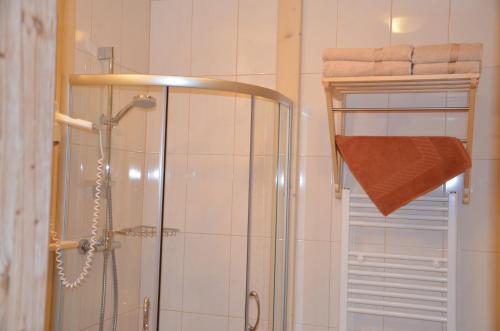 a shower with a glass door in a bathroom at Pension zum Schreiner in Hermagor