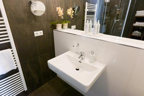 a bathroom with a white sink and a mirror at RAFAEL KAISER - Premium Apartments - Contactless Check-In in Vienna