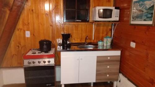 a kitchen with a stove and a sink and a microwave at Chalé - Sossego 1 in Campos do Jordão
