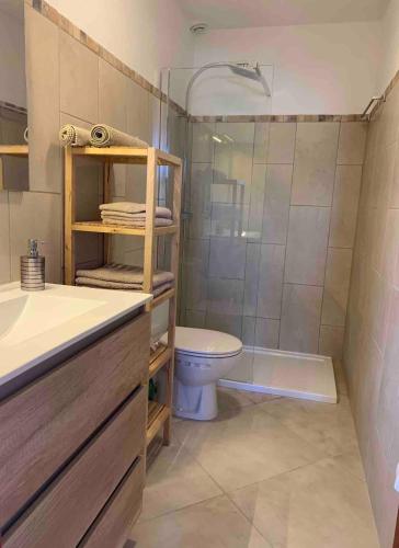 une salle de bain avec une douche, des toilettes et un lavabo dans l'établissement Haut de villa entre mer et campagne, à Hyères