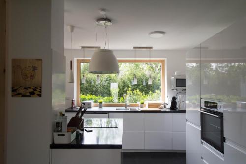 a kitchen with a sink and a window in it at Ferienhaus Schleiharmonie in Ulsnis