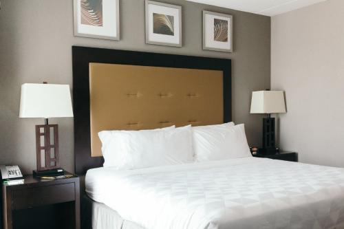 a bedroom with a large white bed with two lamps at Holiday Inn and Suites East Peoria by IHG in Peoria