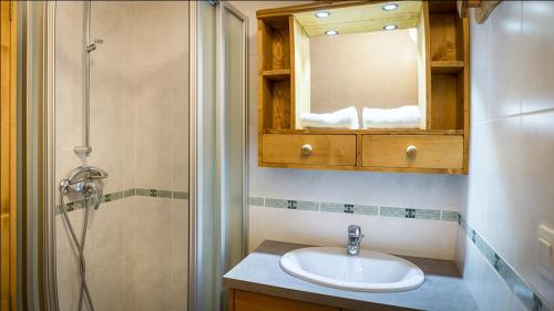 La salle de bains est pourvue d'un lavabo, d'une douche et d'un miroir. dans l'établissement Les Pins - Apt 11 - BO Immobilier, à Châtel