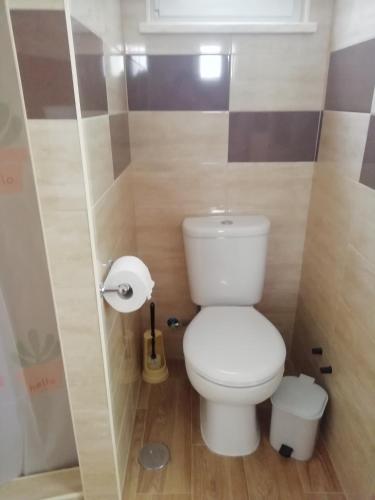a bathroom with a white toilet in a stall at Vivenda Palheiras in Roncão